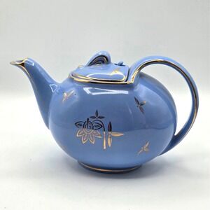 Vintage 1940's HALL US Pottery TEAPOT 6 Cup #0749 CADET BLUE GOLD HOOK LID.